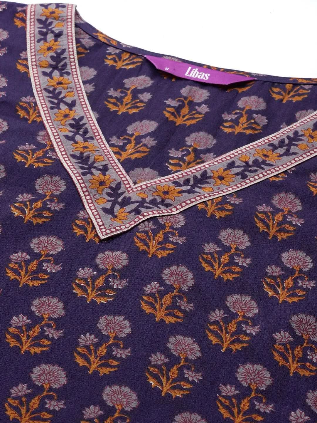 Navy Blue Printed Cotton Night Suit - Libas