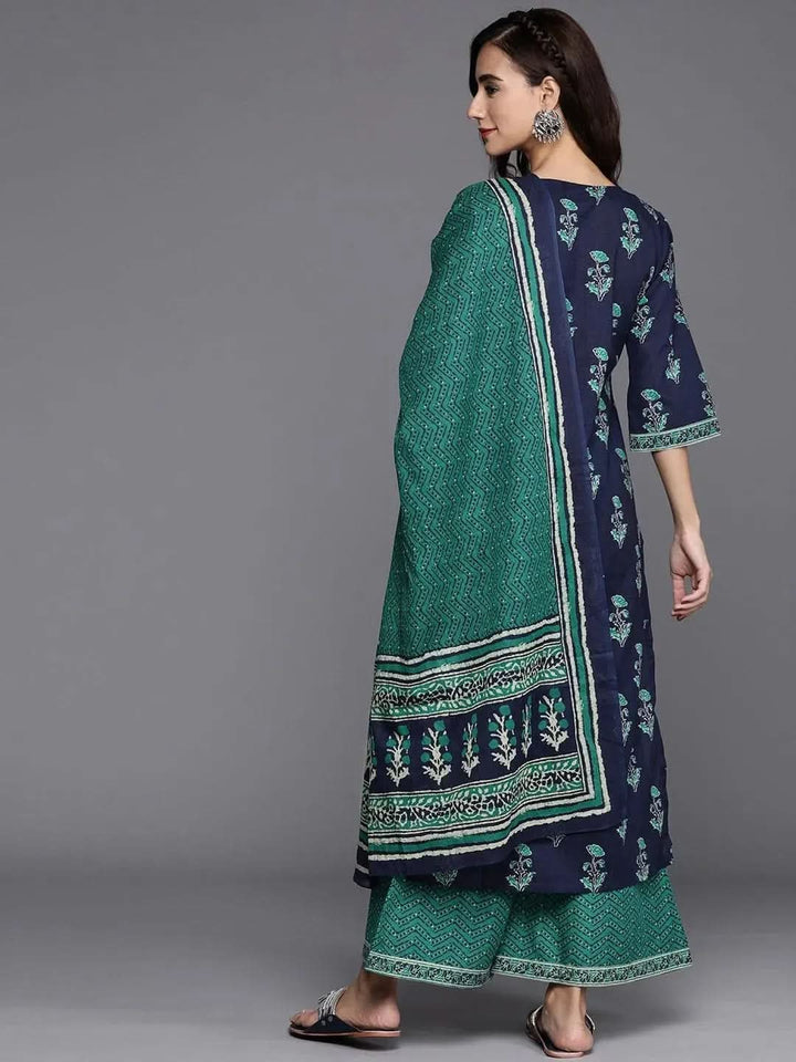Navy Blue Printed Cotton Suit Set - Libas