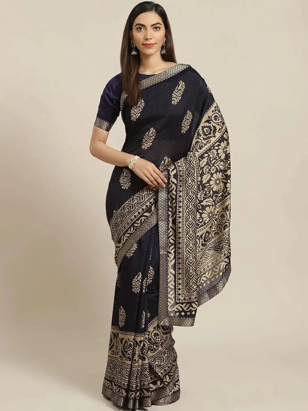 Navy Blue Printed Polyester Saree - Libas