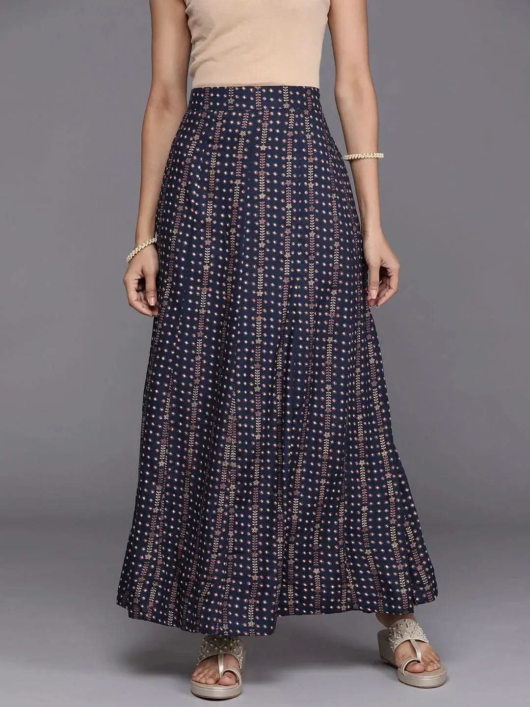 Navy Blue Printed Rayon Skirt - Libas