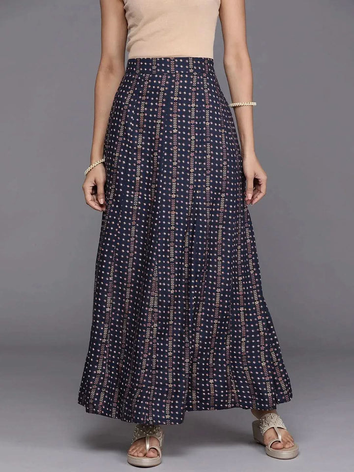 Navy Blue Printed Rayon Skirt - Libas