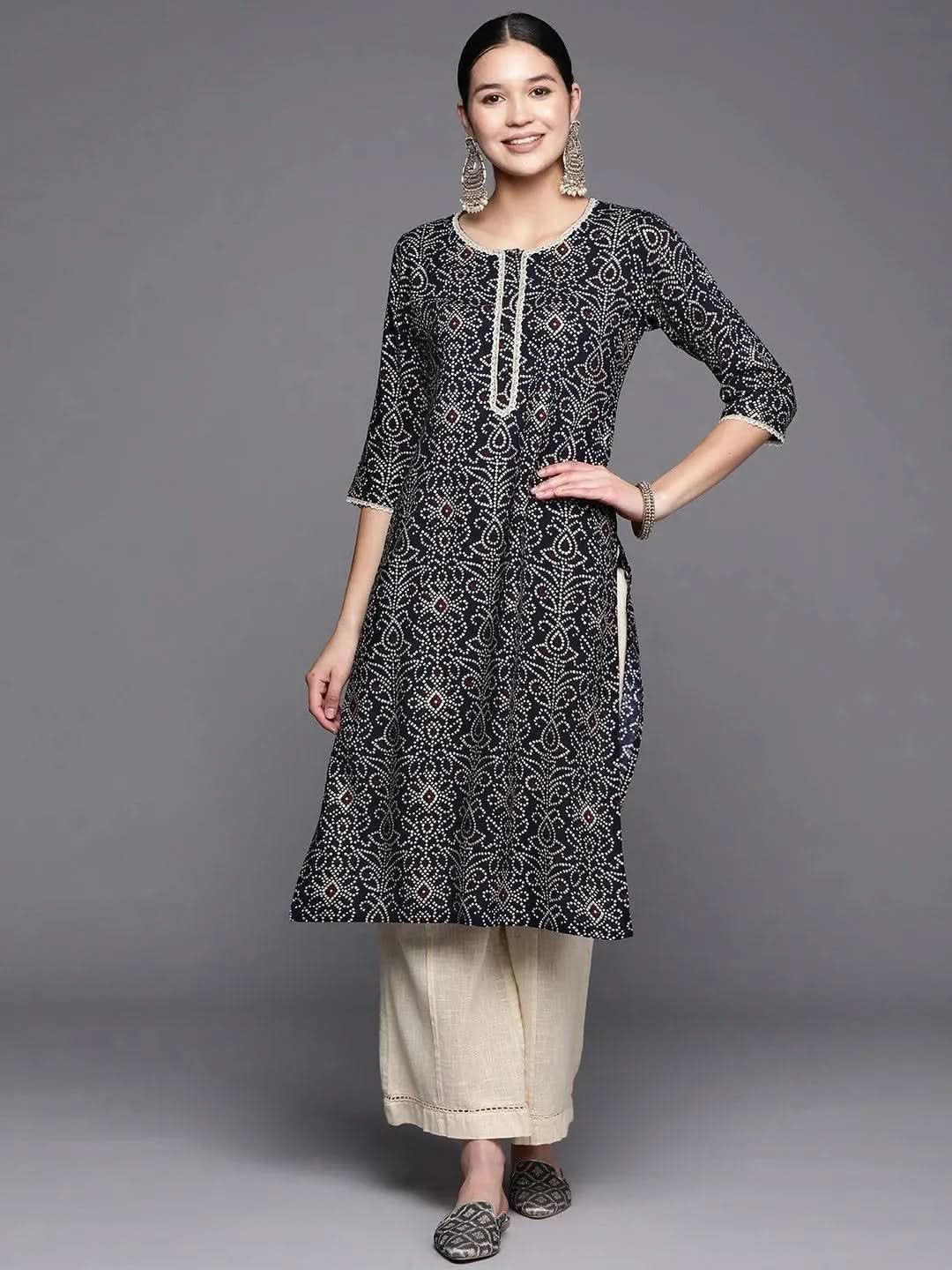 Navy Blue Printed Rayon Straight Kurta - Libas