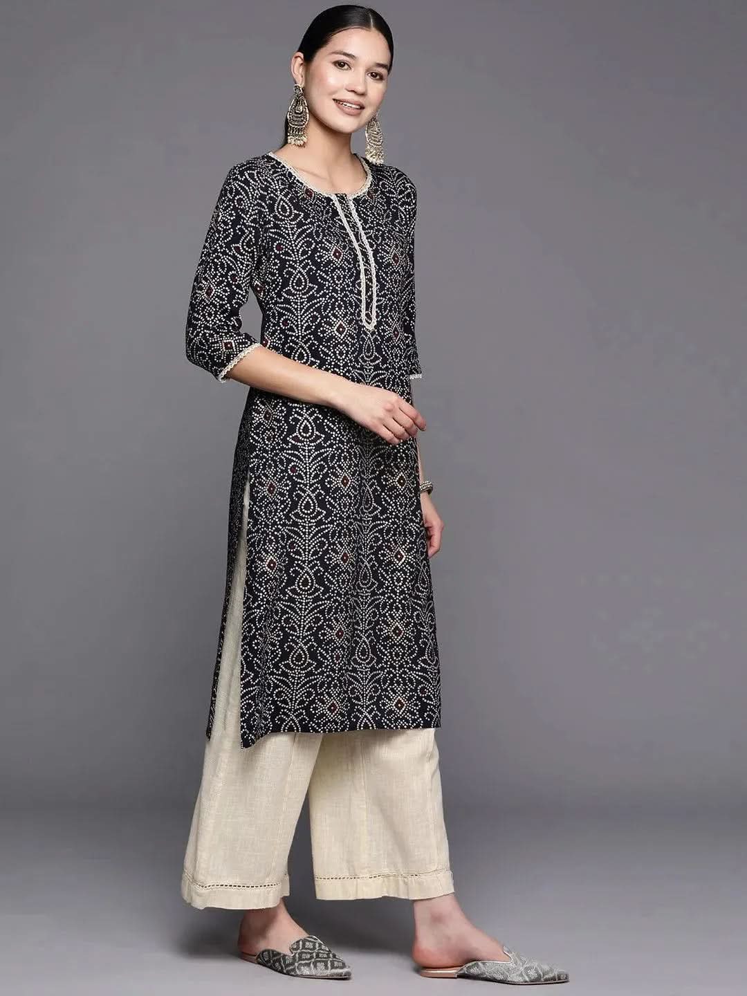 Navy Blue Printed Rayon Straight Kurta - Libas