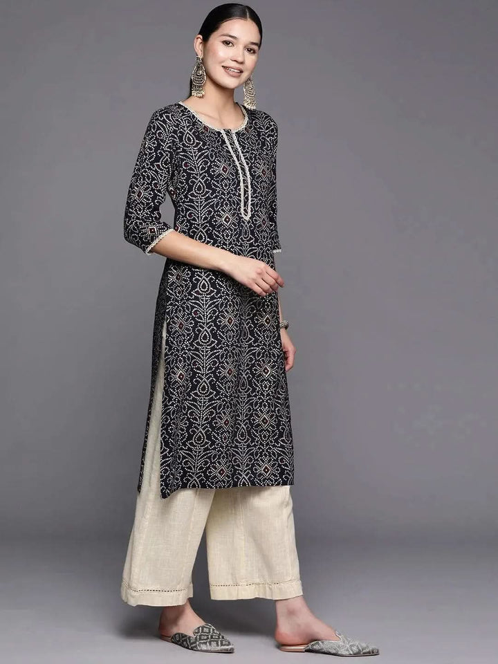Navy Blue Printed Rayon Straight Kurta - Libas
