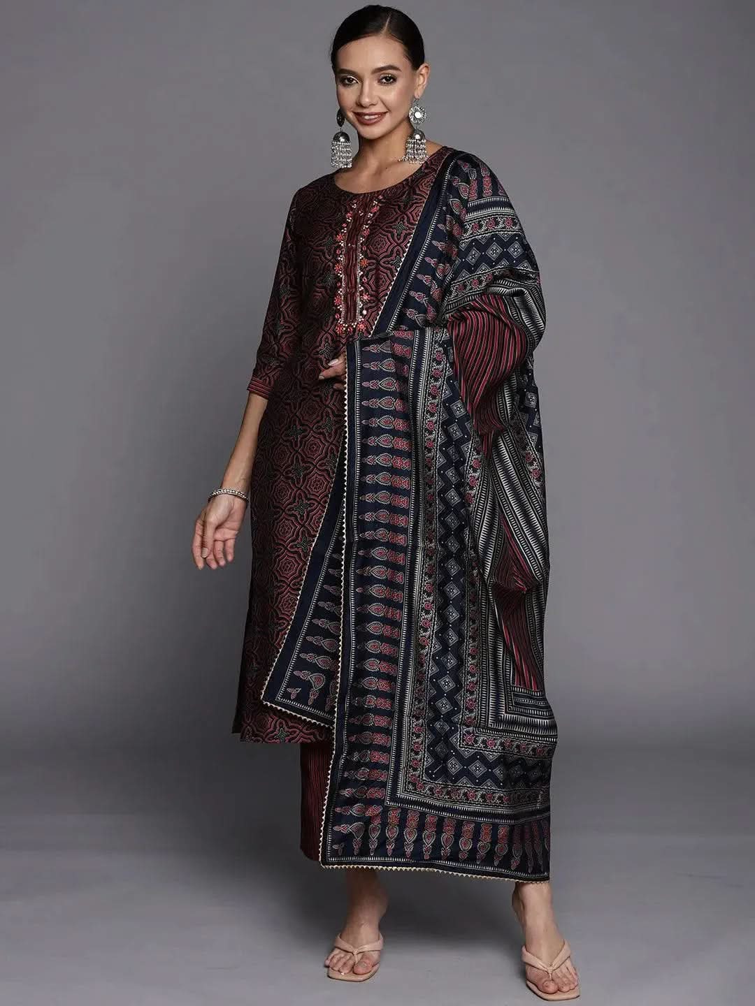 Navy Blue Printed Silk Blend Straight Suit Set - Libas