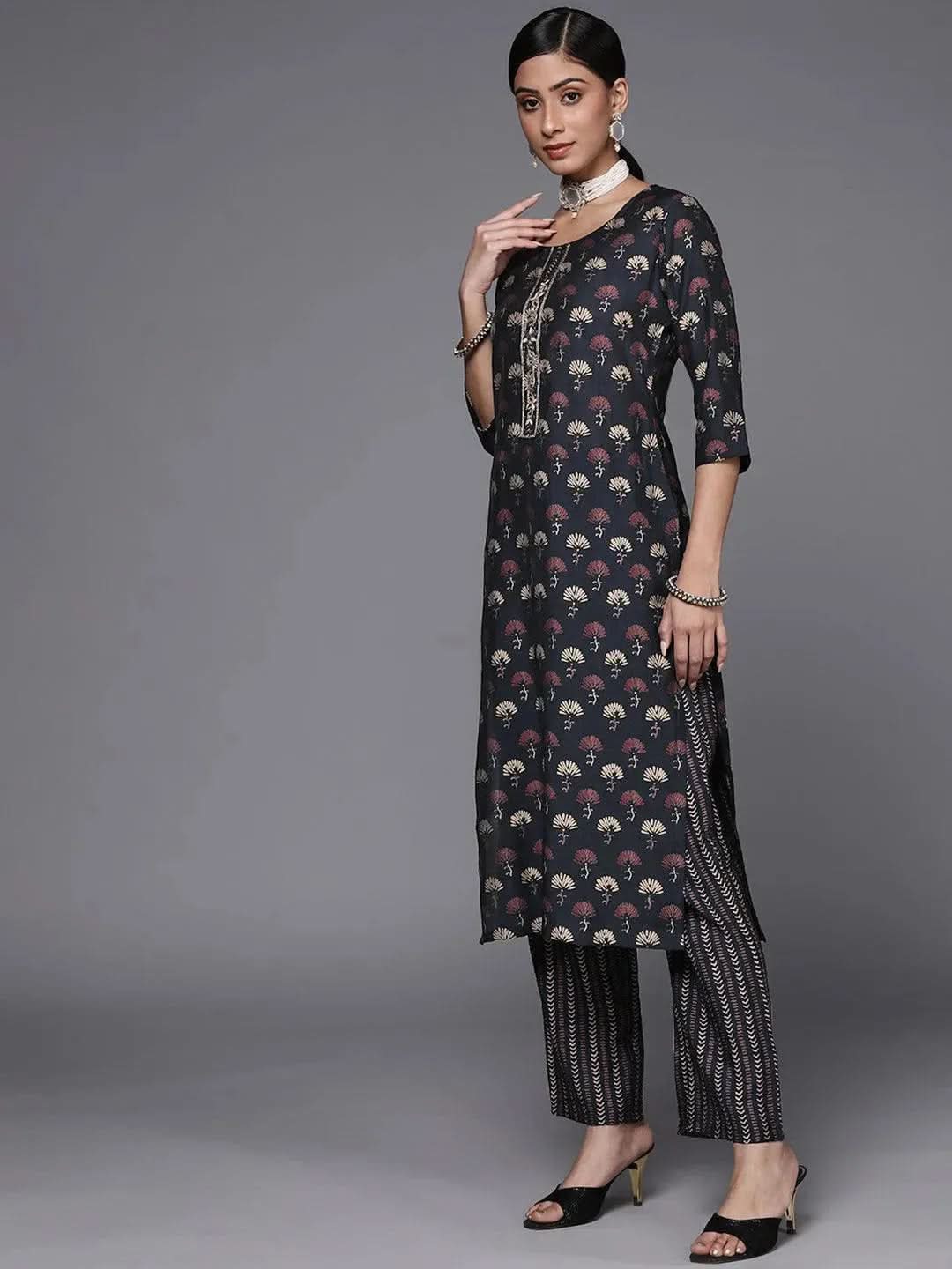 Navy Blue Printed Silk Blend Straight Suit Set - Libas