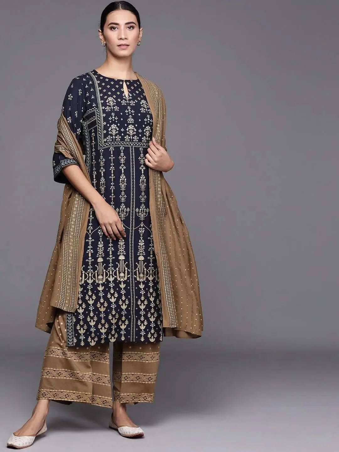 Navy Blue Printed Silk Blend Suit Set - Libas