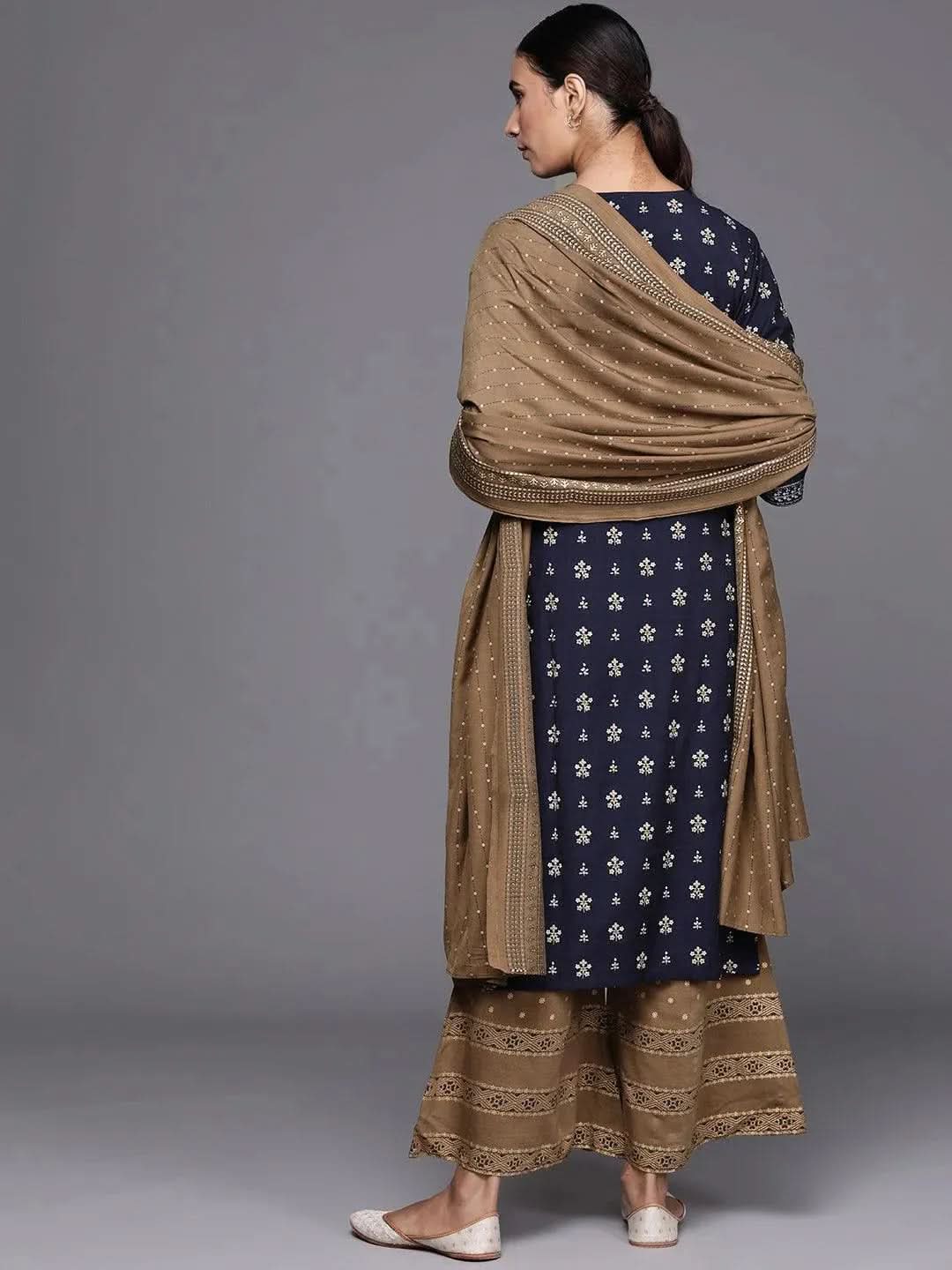 Navy Blue Printed Silk Blend Suit Set - Libas