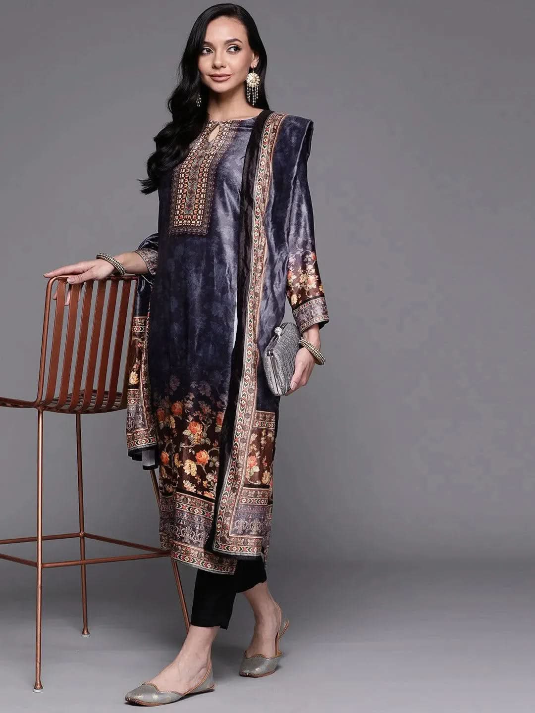 Navy Blue Printed Velvet Suit Set - Libas