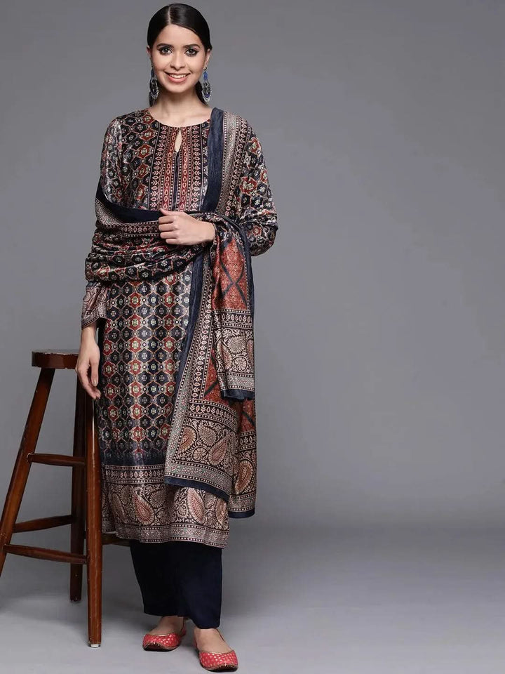 Navy Blue Printed Velvet Suit Set - Libas