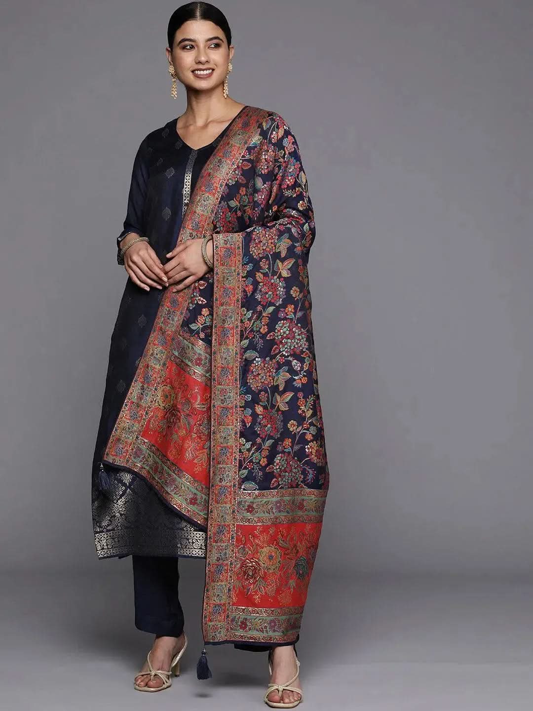 Libas Art Blue Floral Printed Silk Blend Straight Suit Set With Dupatta