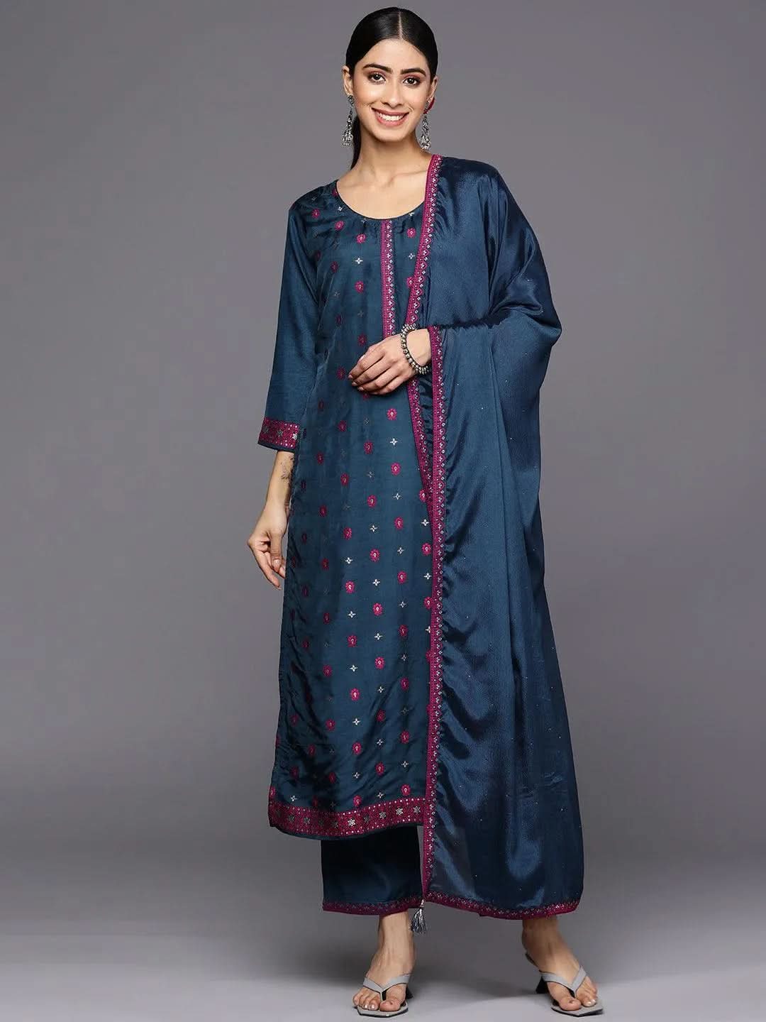 Navy Blue Self Design Silk Blend Straight Kurta With Trousers & Dupatta
Navy Blue Self Design Silk Blend Straight Kurta With Trousers & Dupatta