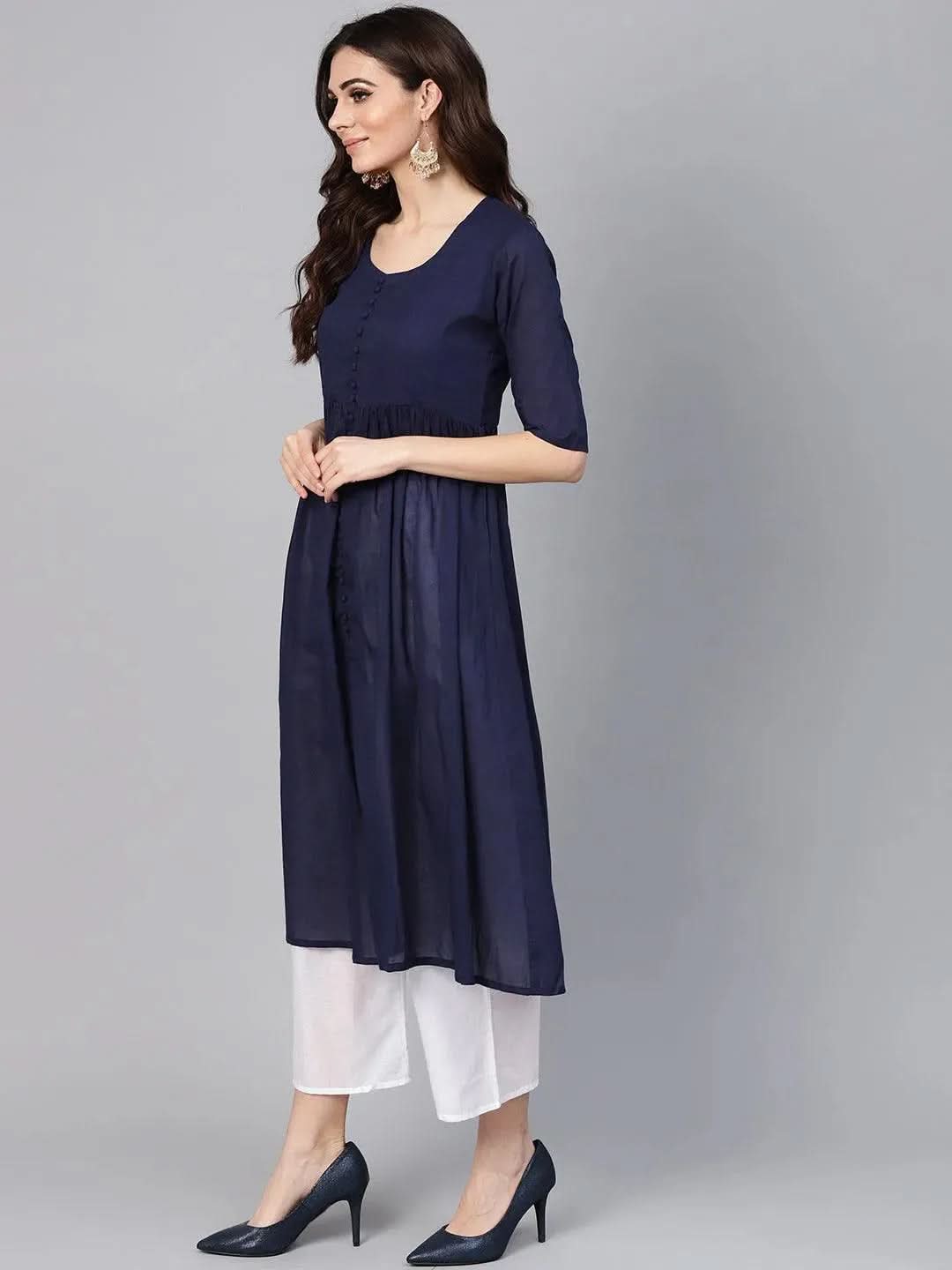 Navy Blue Solid Cotton A-Line Kurta With Palazzos & Dupatta 
Navy Blue Solid Cotton A-Line Kurta With Palazzos & Dupatta