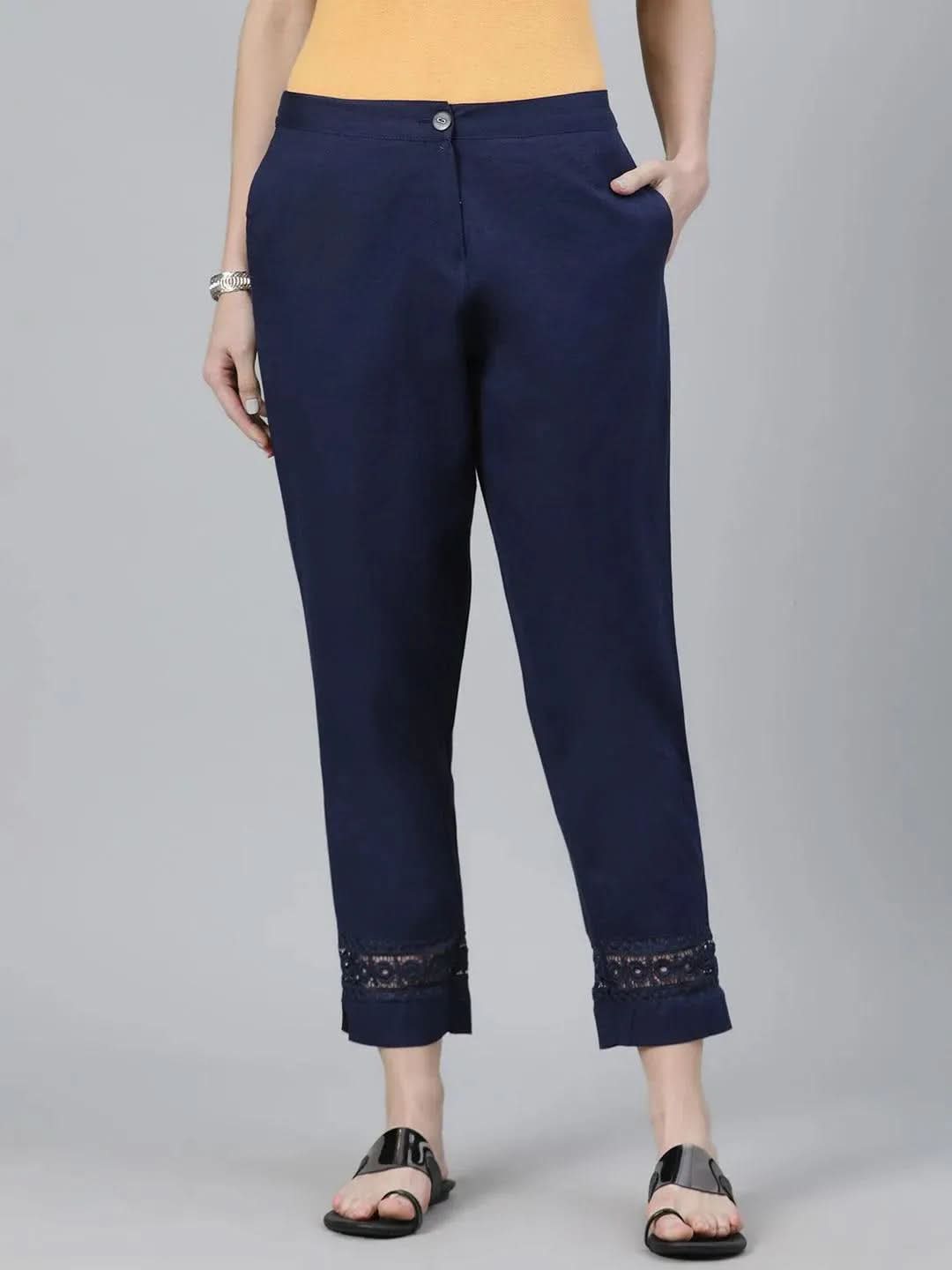 Navy Blue Solid Cotton Palazzos - Libas