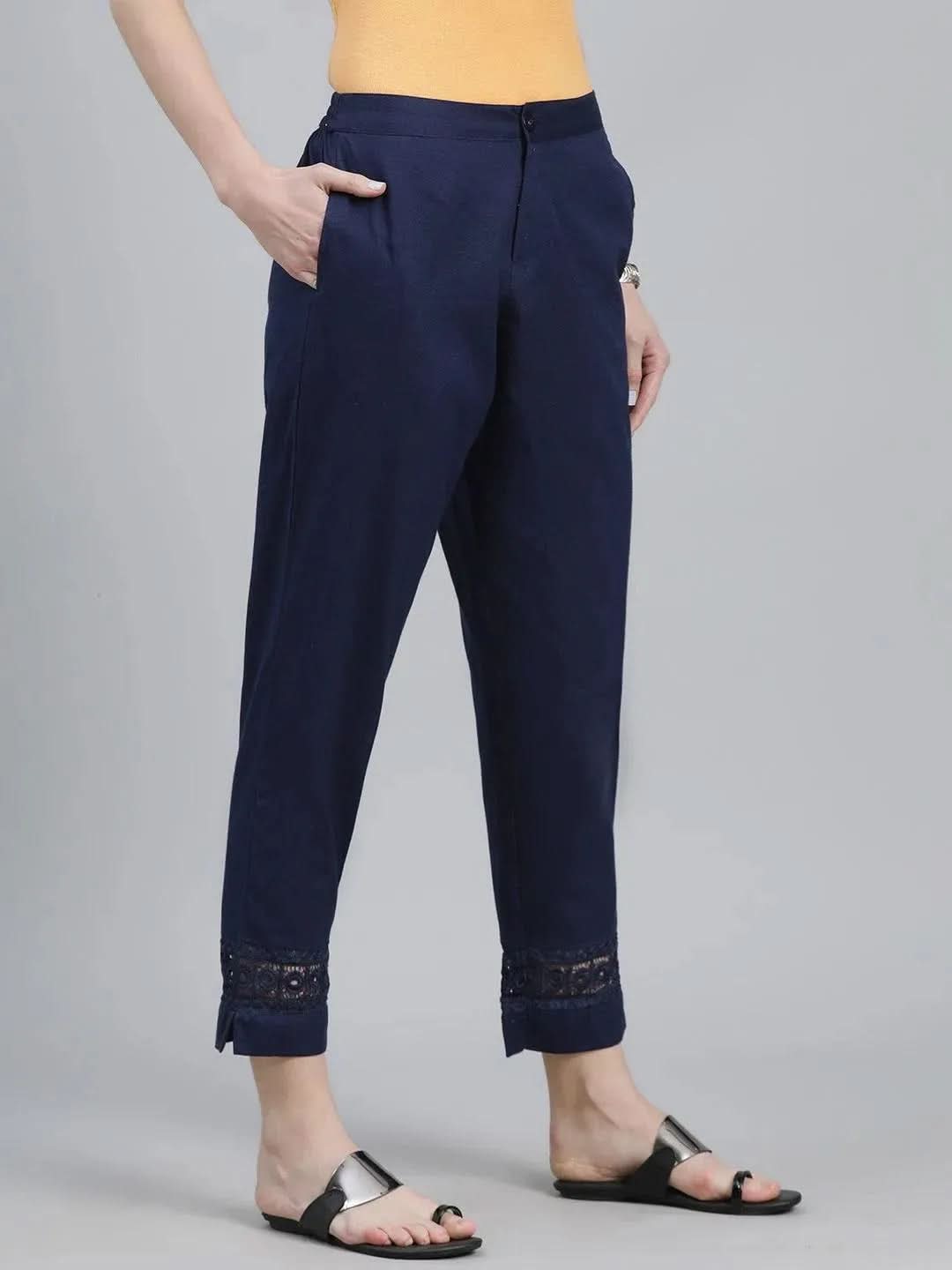Navy Blue Solid Cotton Palazzos - Libas