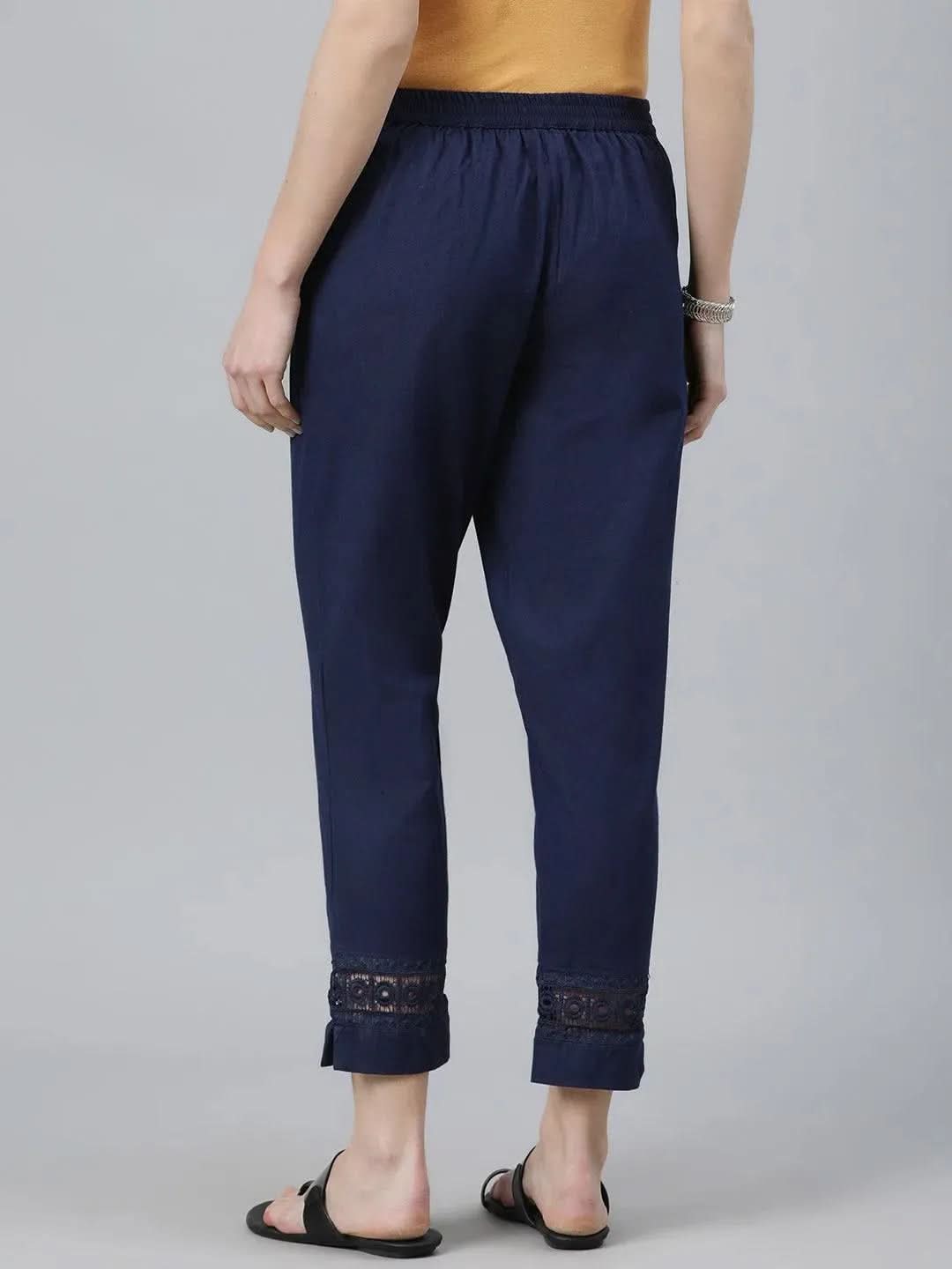 Navy Blue Solid Cotton Palazzos - Libas