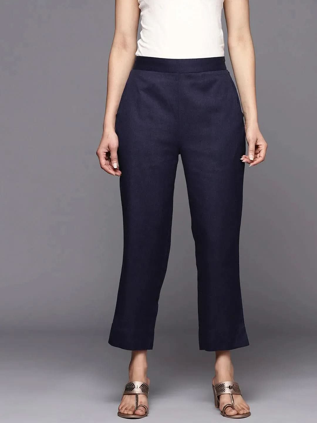 Navy Blue Solid Cotton Trousers 
Navy Blue Solid Cotton Trousers