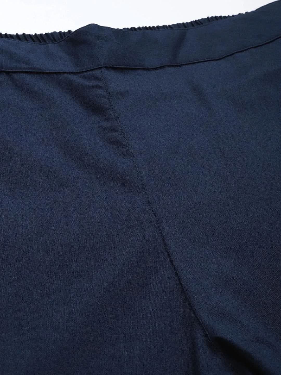 Navy Blue Solid Cotton Trousers - Libas