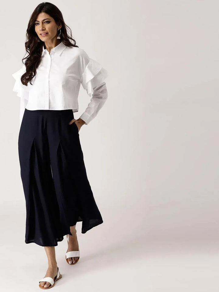 Navy Blue Solid Rayon Palazzos - Libas