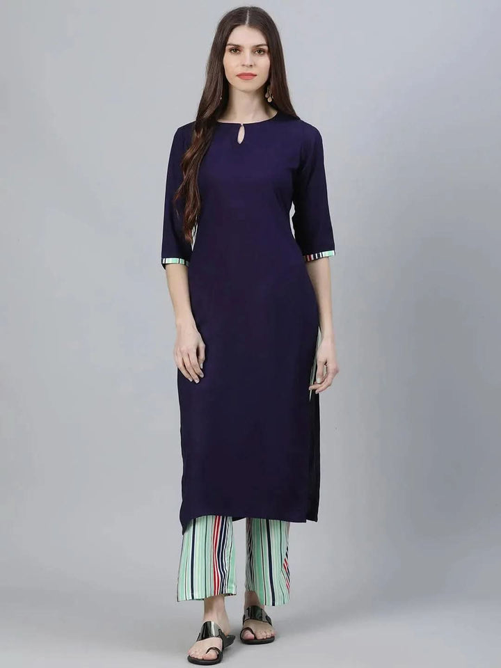 Navy Blue Solid Rayon Kurta Set - Libas
