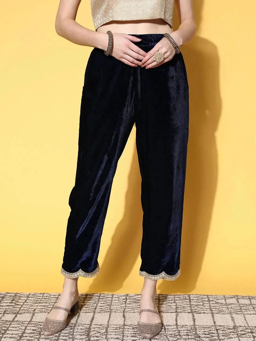 Buy Navy Blue Solid Velvet Trousers Online at Libas