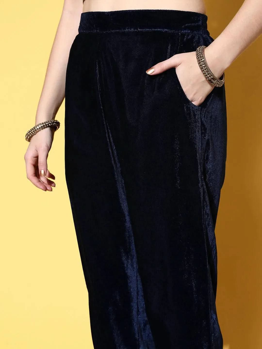 Navy Blue Solid Velvet Trousers
Navy Blue Solid Velvet Trousers