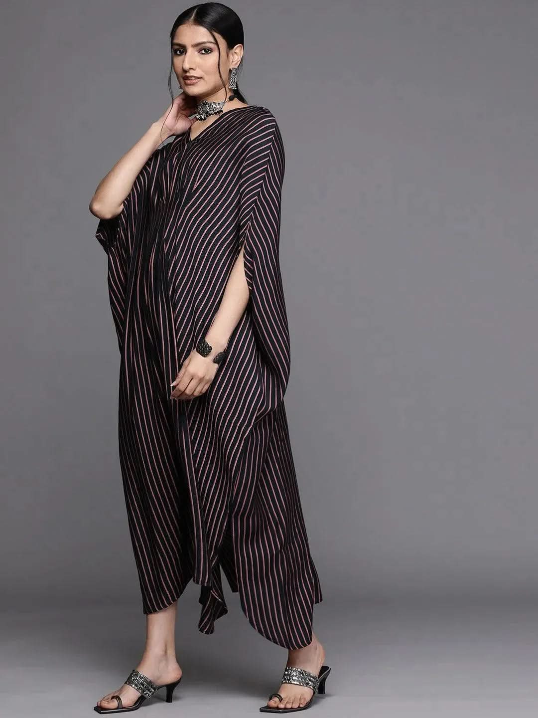 Navy Blue Striped Silk Dress - Libas