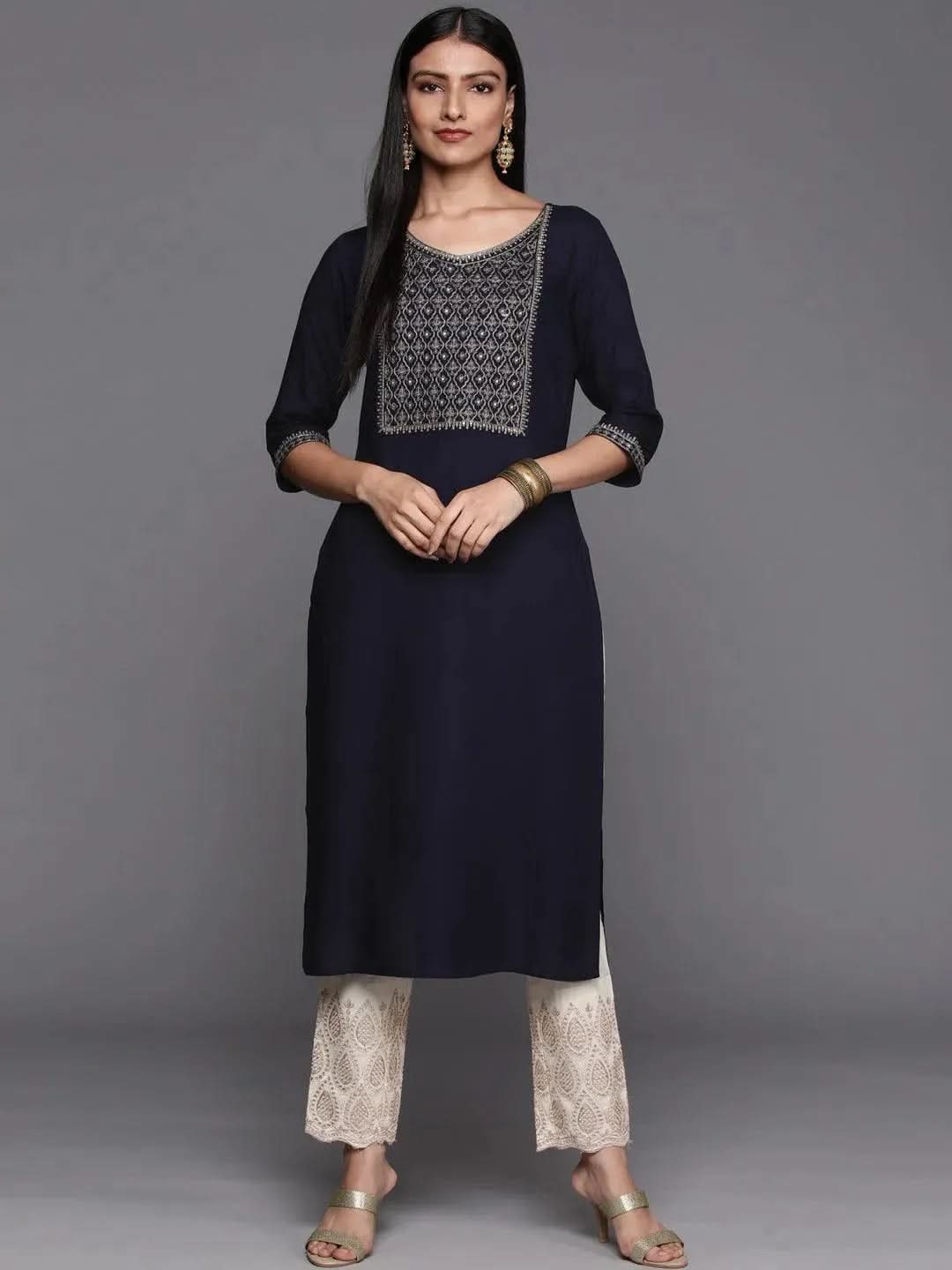Women Navy Blue Half Sleeve Cotton A-Line Kurta With Printed Layer At Yoke