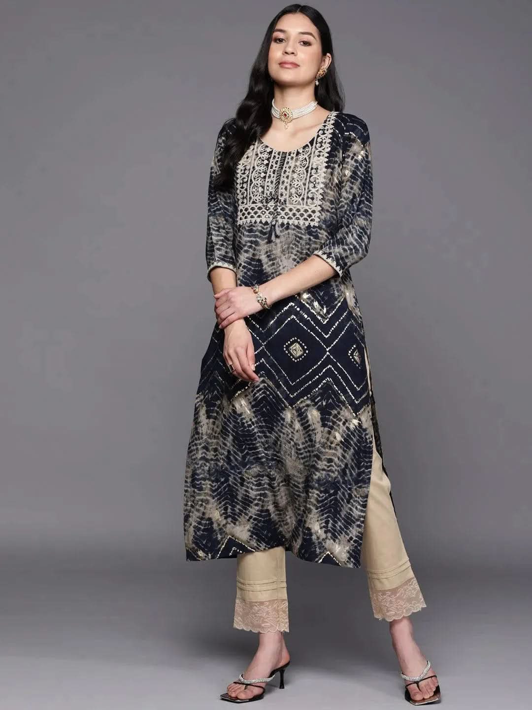 Navy Blue Yoke Design Rayon Straight Kurta - Libas