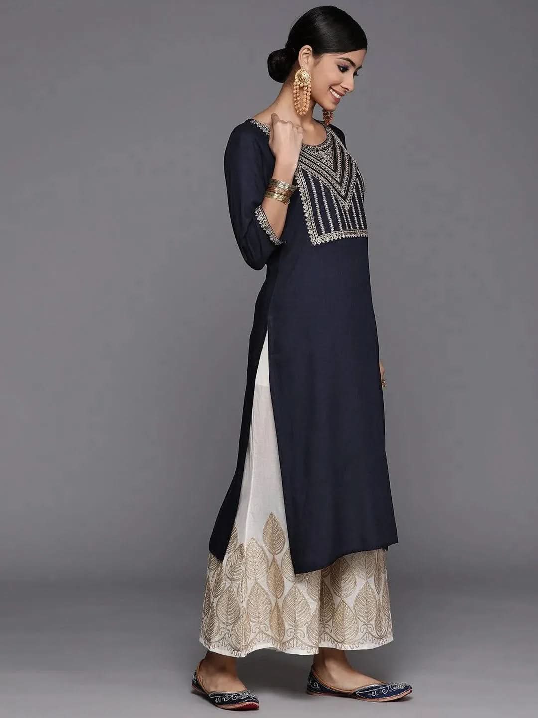 Navy Blue Yoke Design Rayon Straight Kurta - Libas