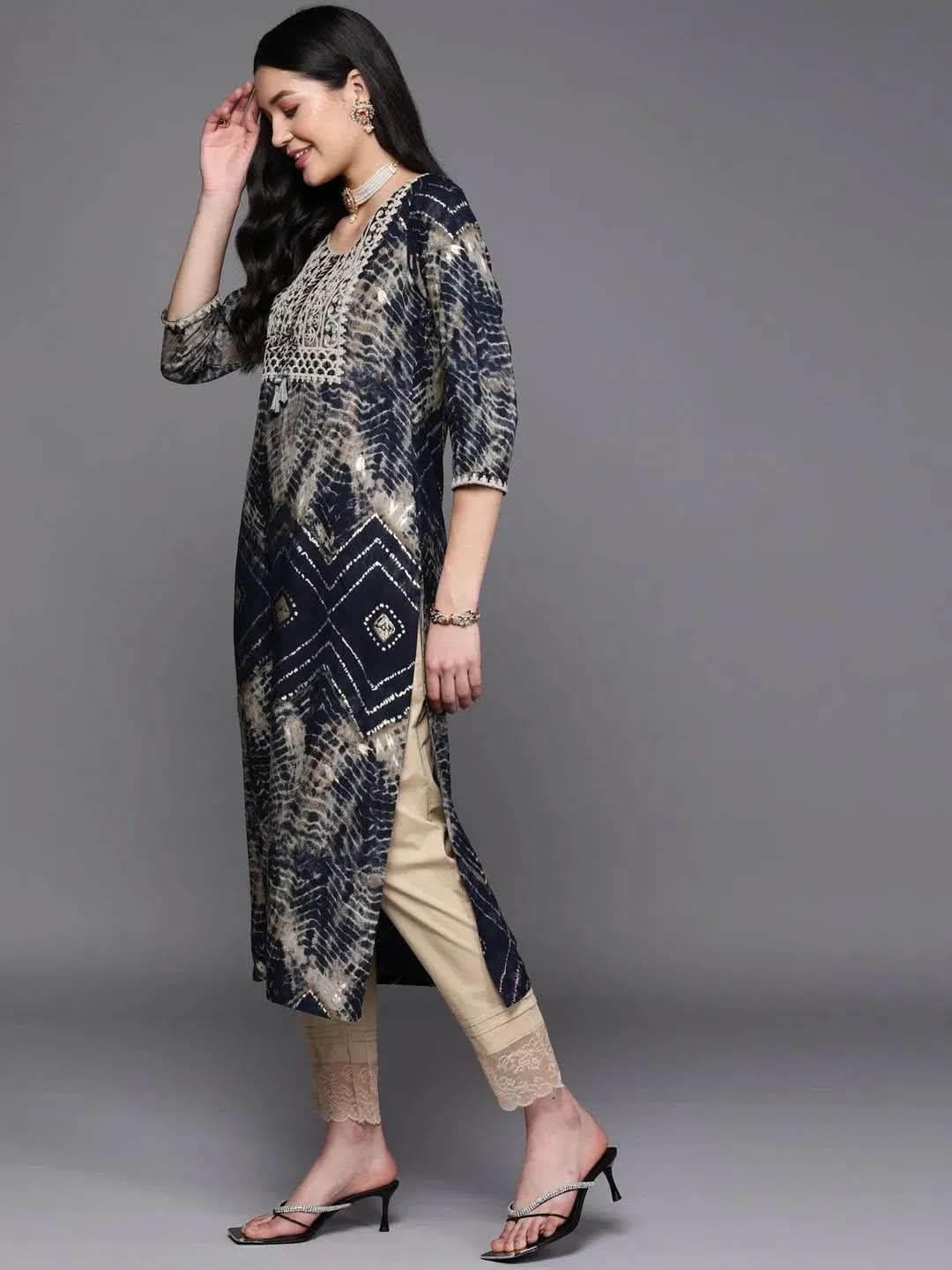 Navy Blue Yoke Design Rayon Straight Kurta - Libas