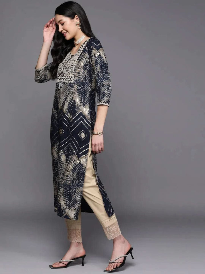 Navy Blue Yoke Design Rayon Straight Kurta - Libas