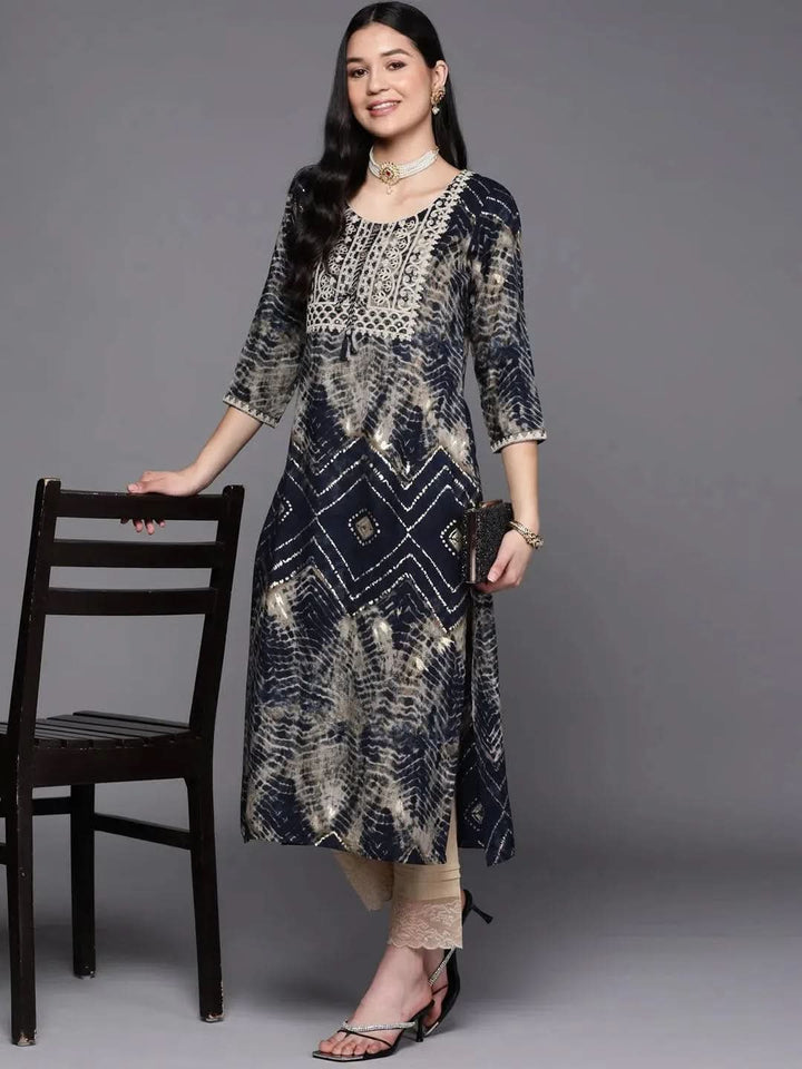 Navy Blue Yoke Design Rayon Straight Kurta - Libas