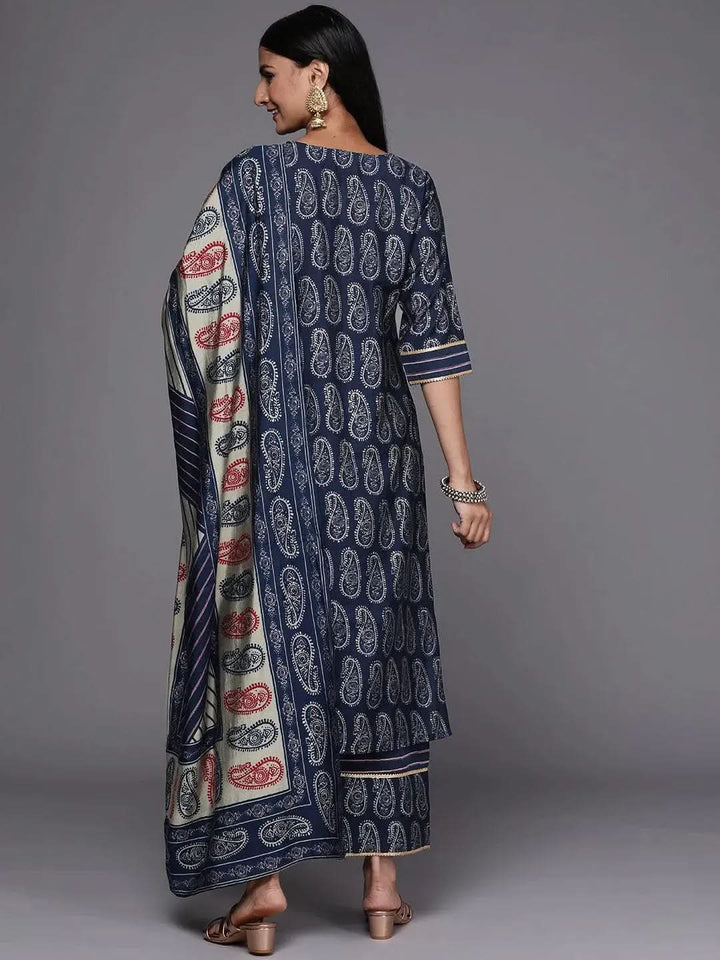 Navy Blue Yoke Design Silk Blend Straight Suit Set - Libas