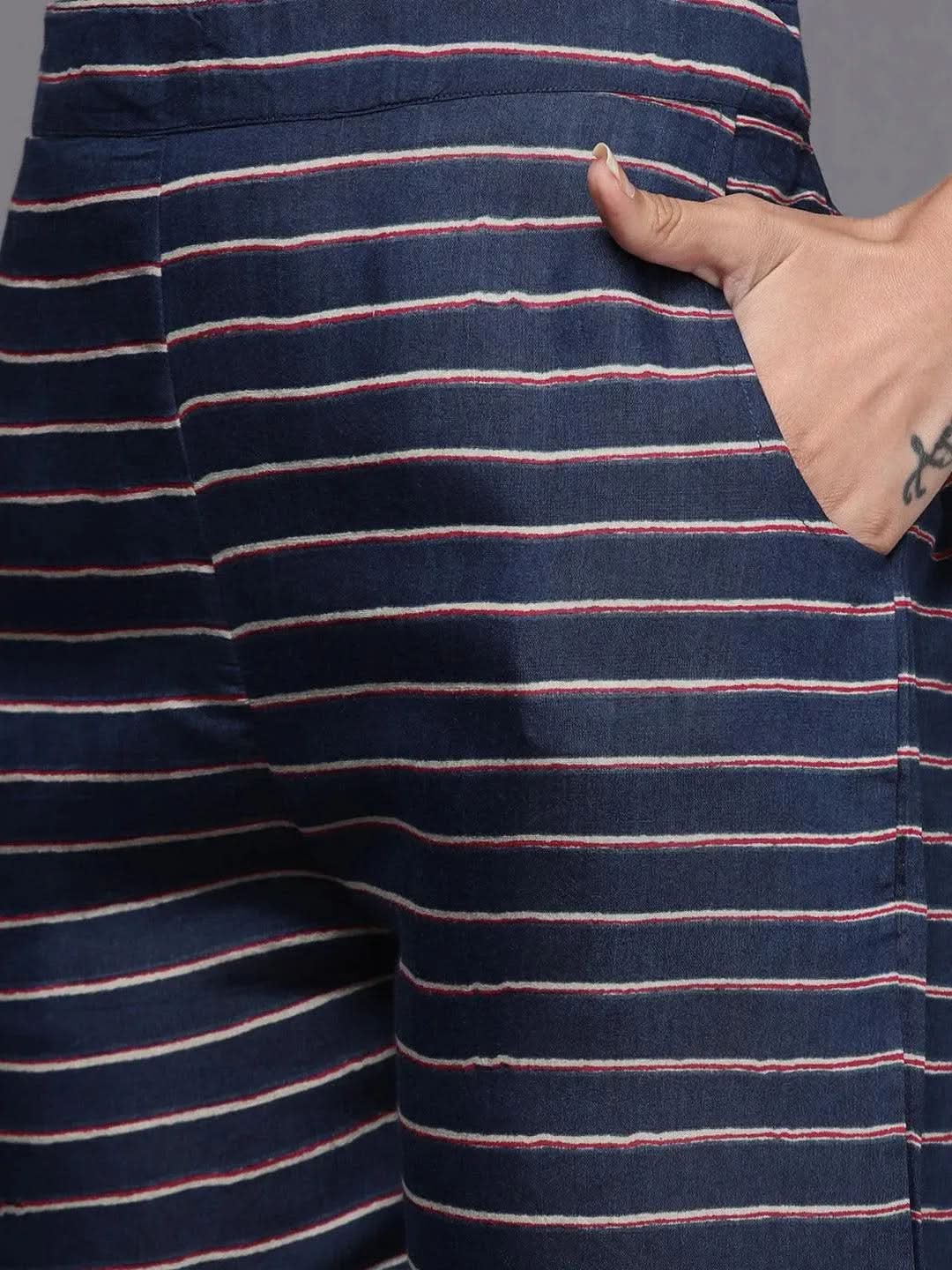 Navy Blue Yoke Design Silk Blend Straight Suit Set - Libas