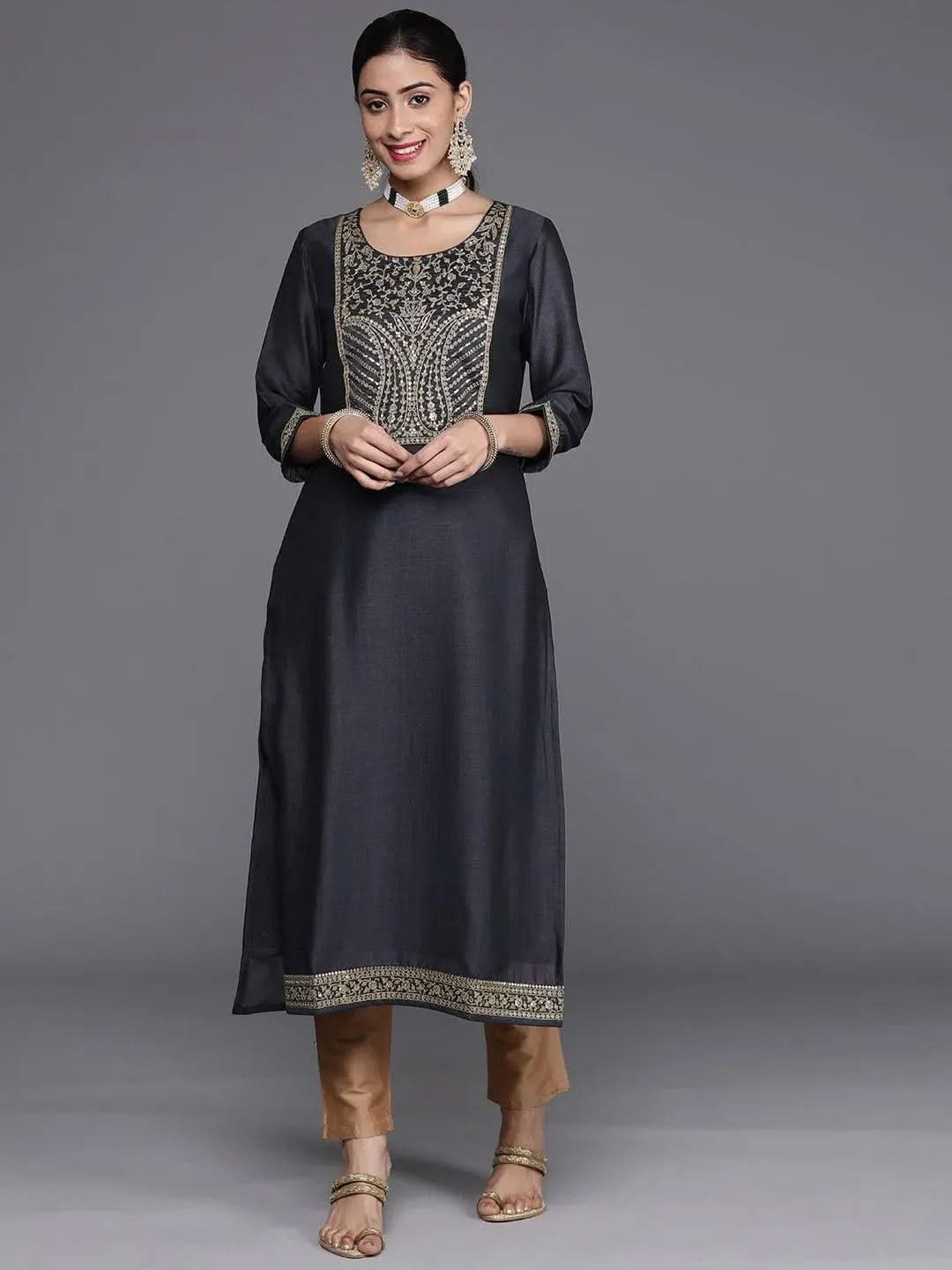 Navy Blue Yoke Design Pleated A-Line Flared Kurta With Trousers & Dupatta