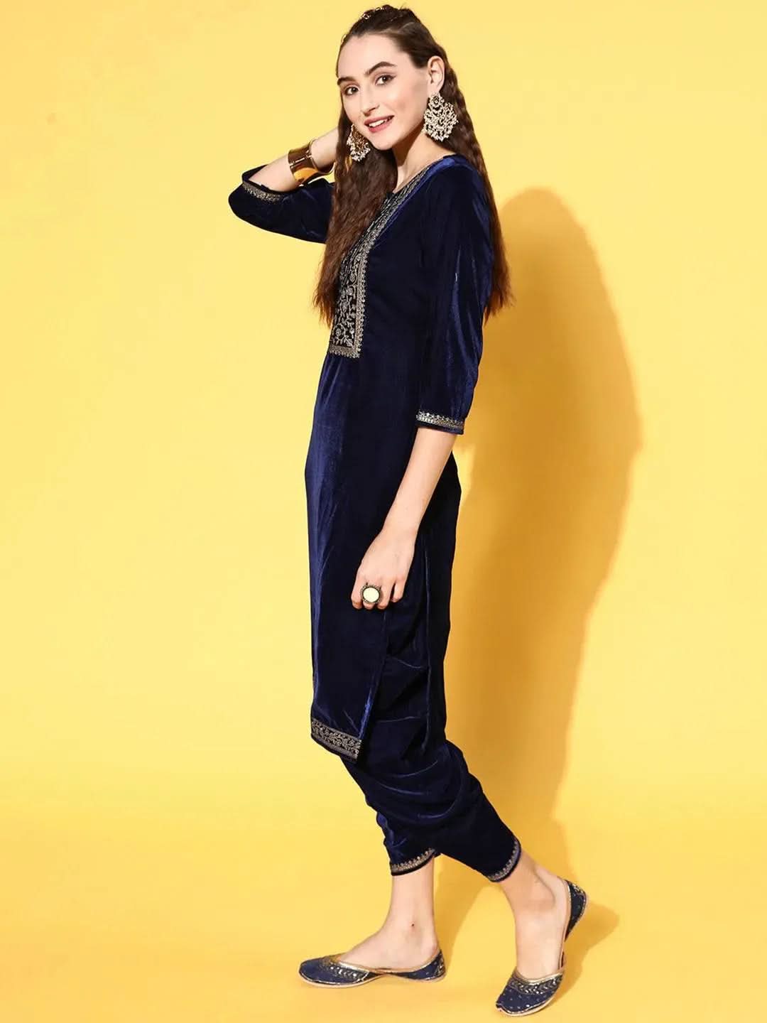 Navy Blue Yoke Design Velvet Straight Suit Set - Libas