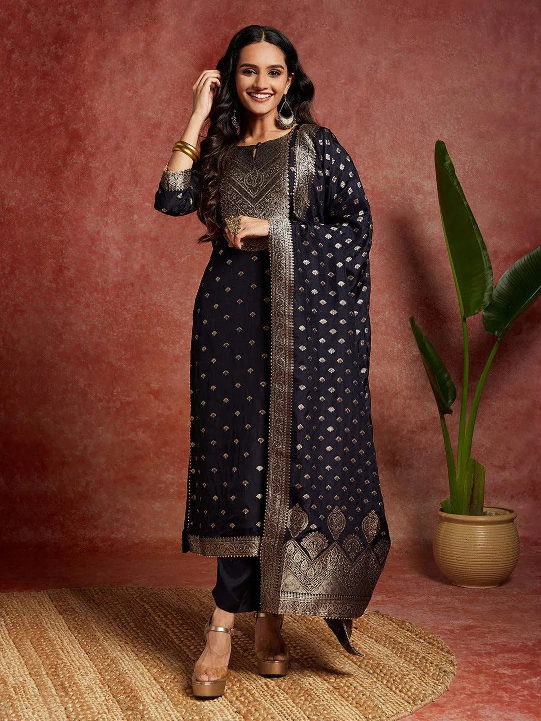 Navy Woven Design Silk Straight Kurta With Trousers & Dupatta - Libas
