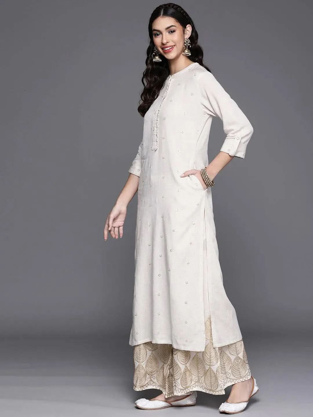 Off White Embellished Cotton Kurta - Libas