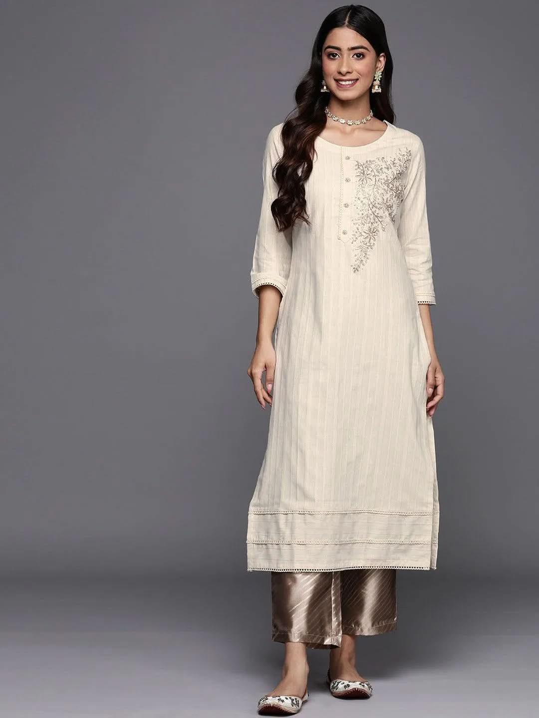 Off White Embellished Cotton Straight Kurta - Libas