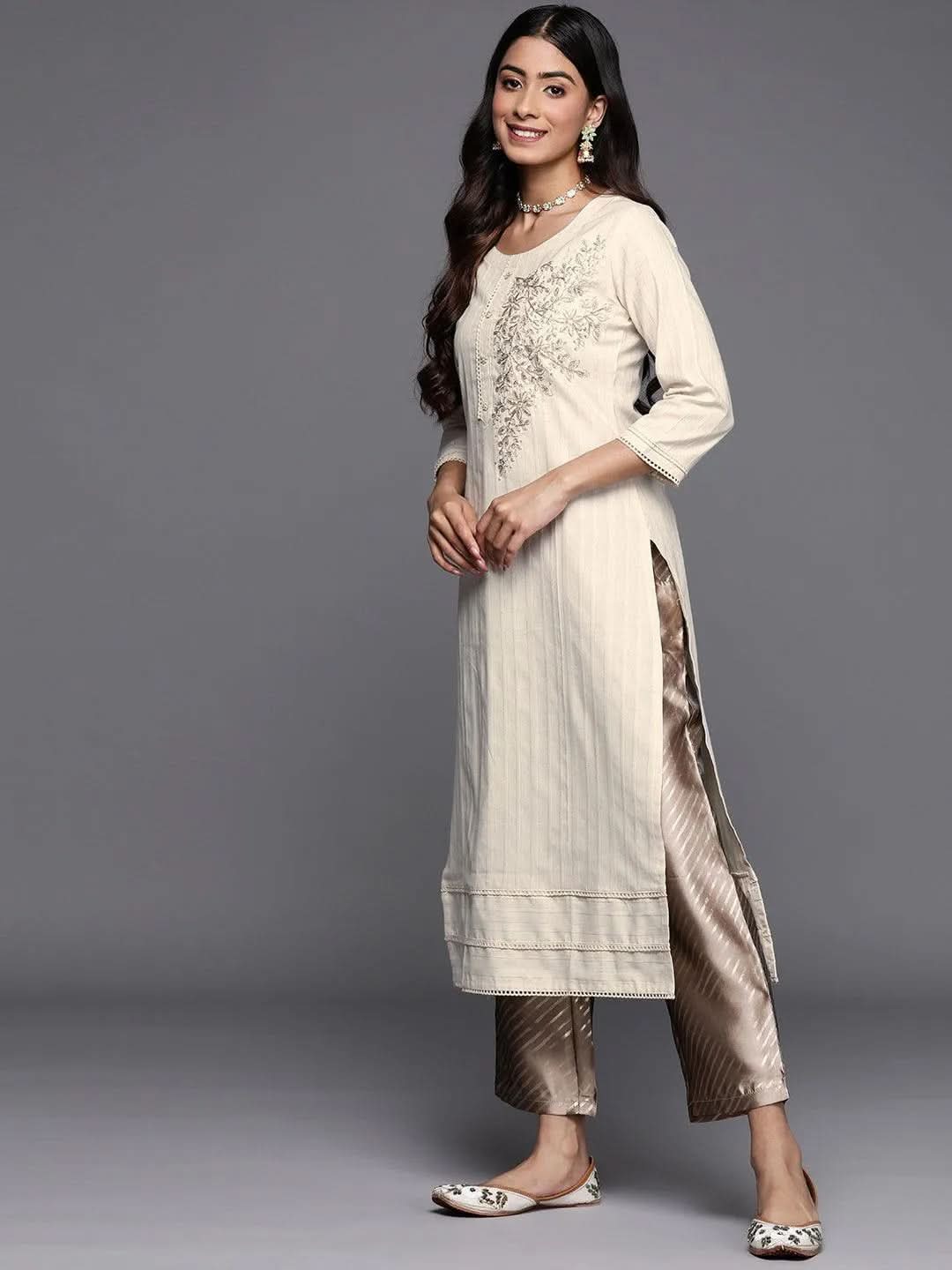 Off White Embellished Cotton Straight Kurta - Libas