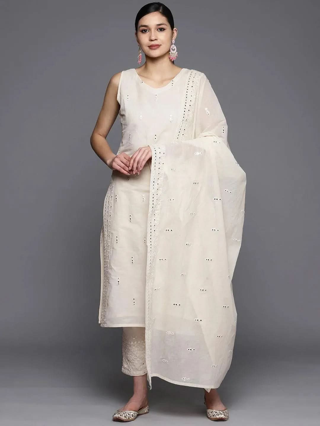Off White Embroidered Cotton Straight Suit Set With Trousers - Libas
