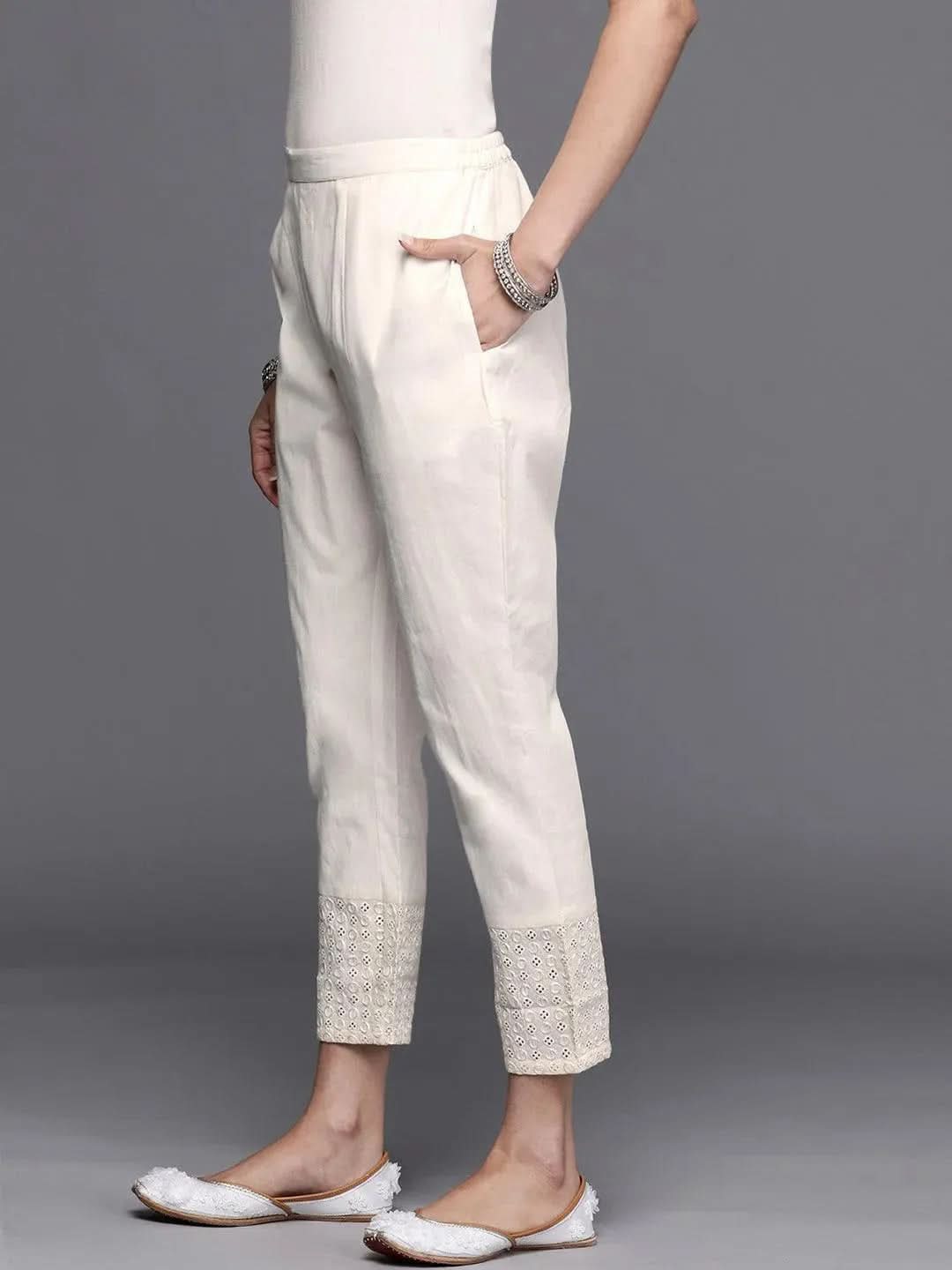 Off White Embroidered Cotton Trousers - Libas