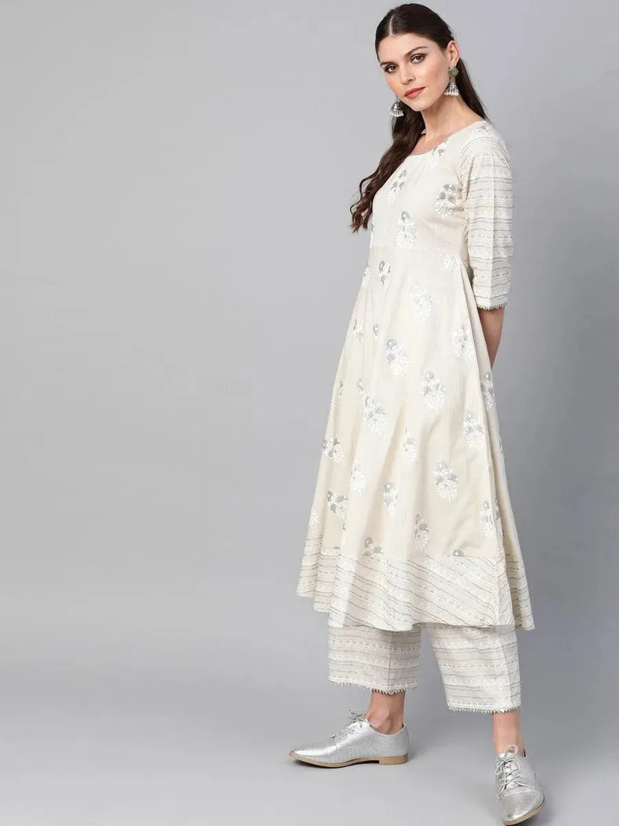 Off-White Printed Cotton Anarkali Kurta With Palazzos
Off-White Printed Cotton Anarkali Kurta With Palazzos