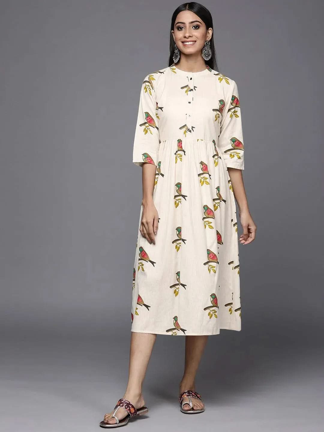 Off White Printed Cotton Fit and Flare Dress - Libas