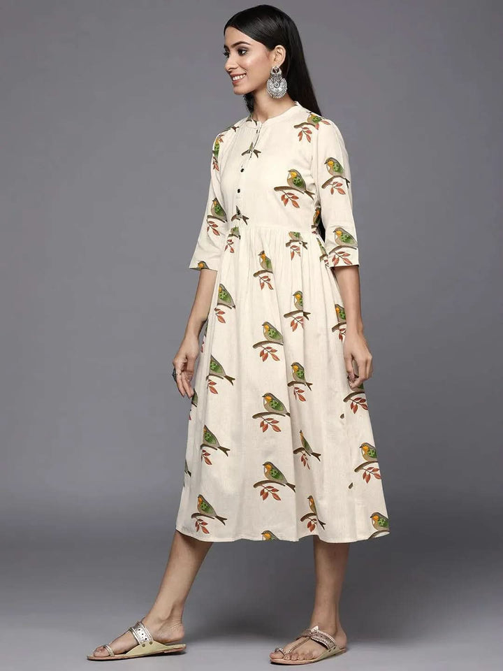 Off White Printed Cotton Fit and Flare Dress - Libas