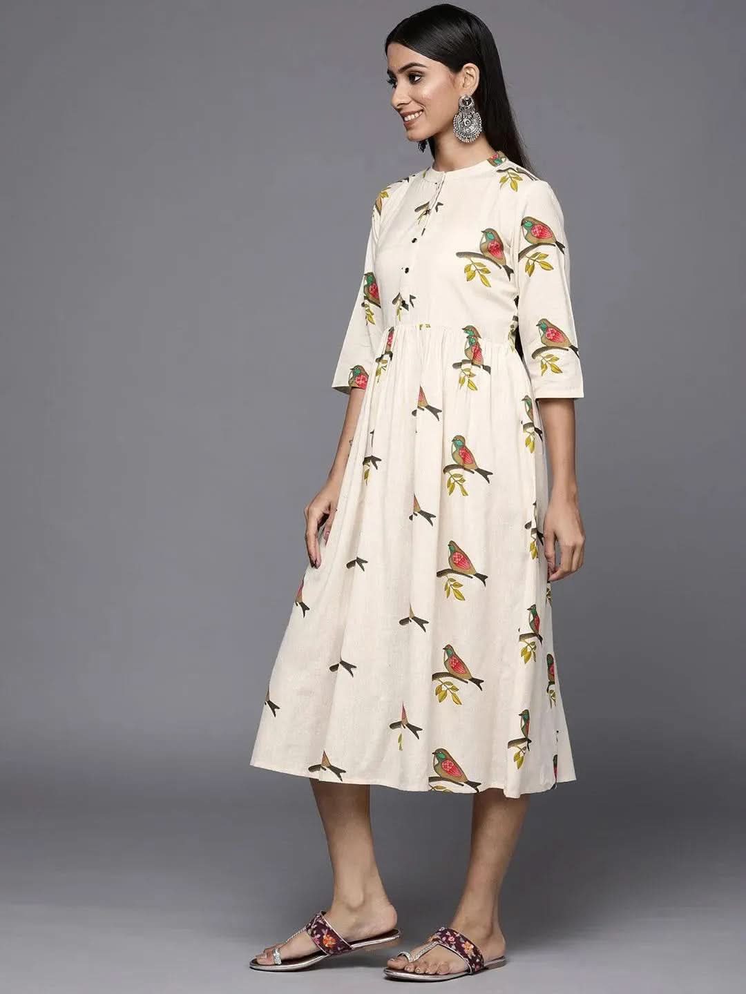 Off White Printed Cotton Fit and Flare Dress - Libas