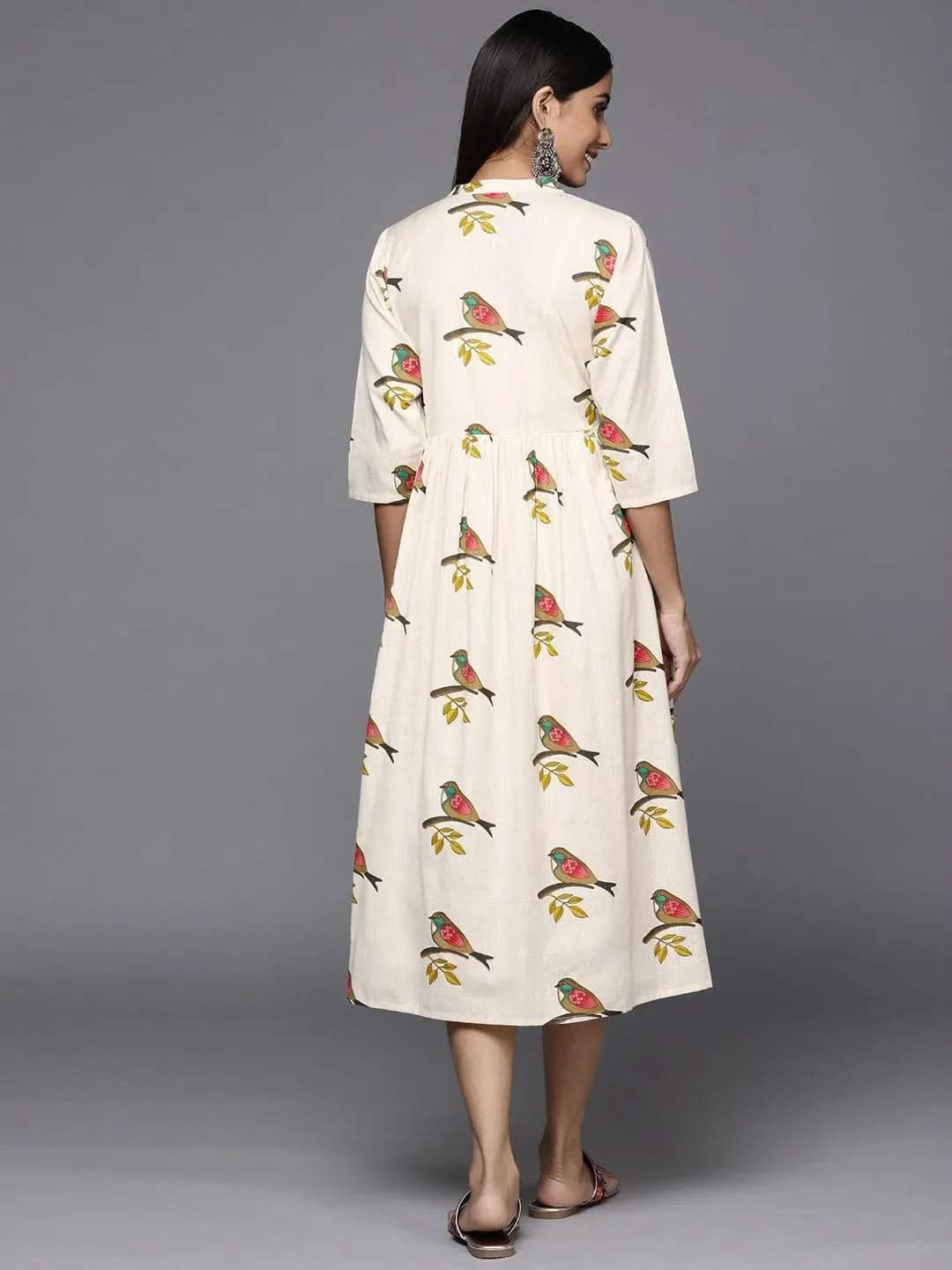 Off White Printed Cotton Fit and Flare Dress - Libas