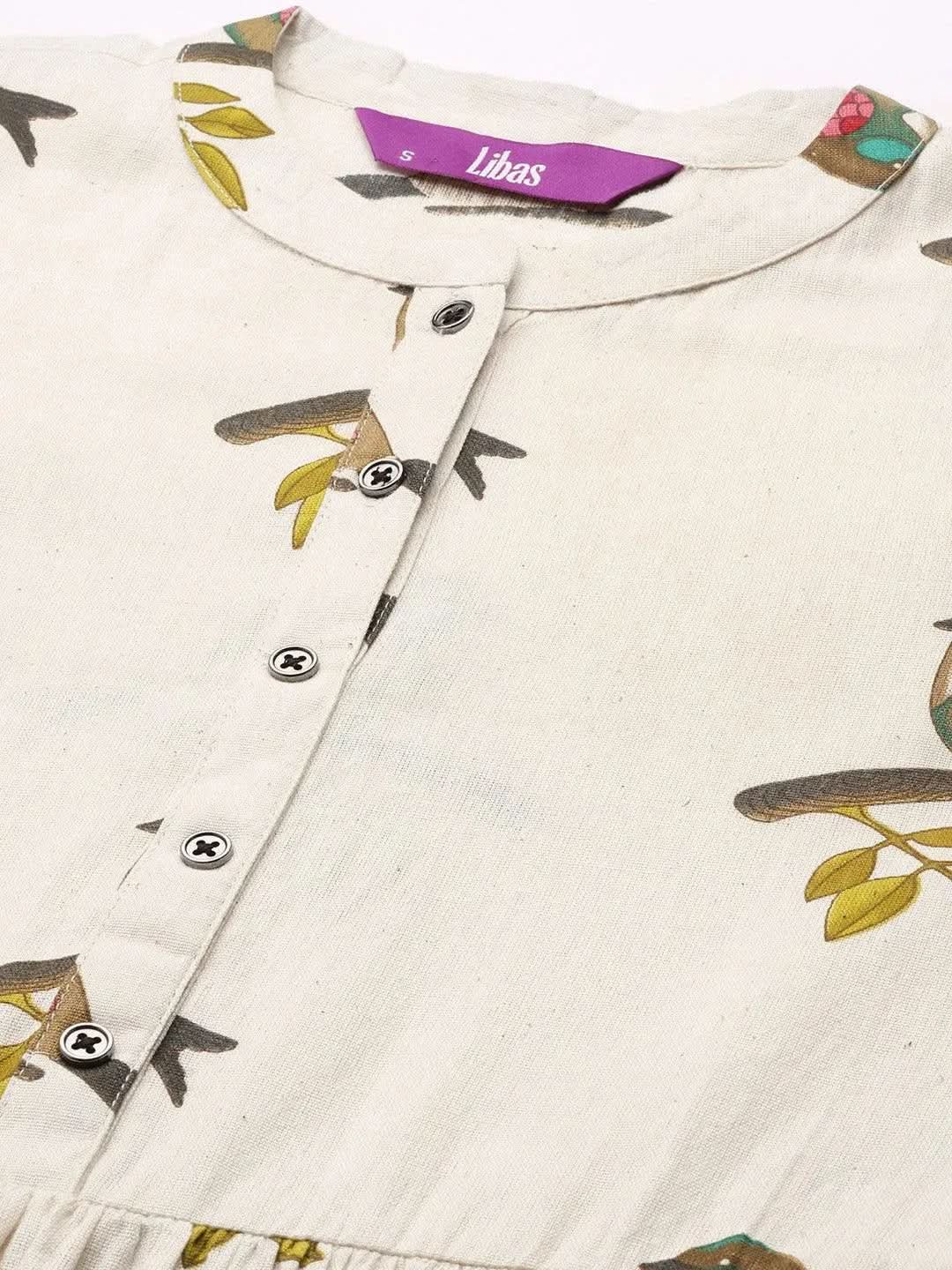 Off White Printed Cotton Fit and Flare Dress - Libas