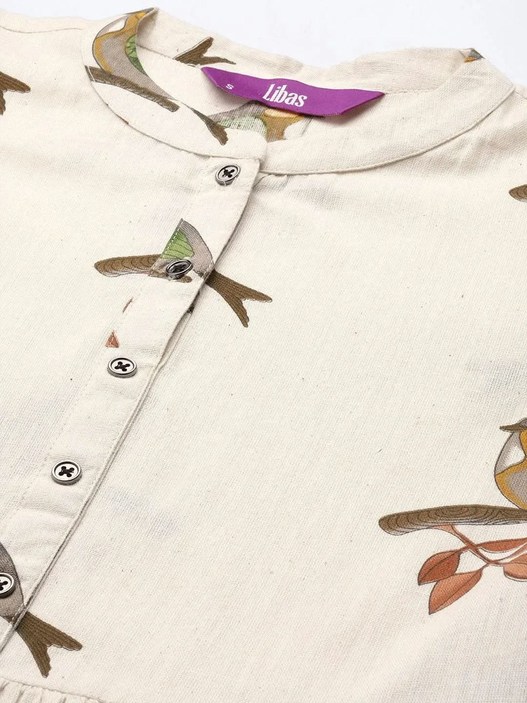 Off White Printed Cotton Fit and Flare Dress - Libas